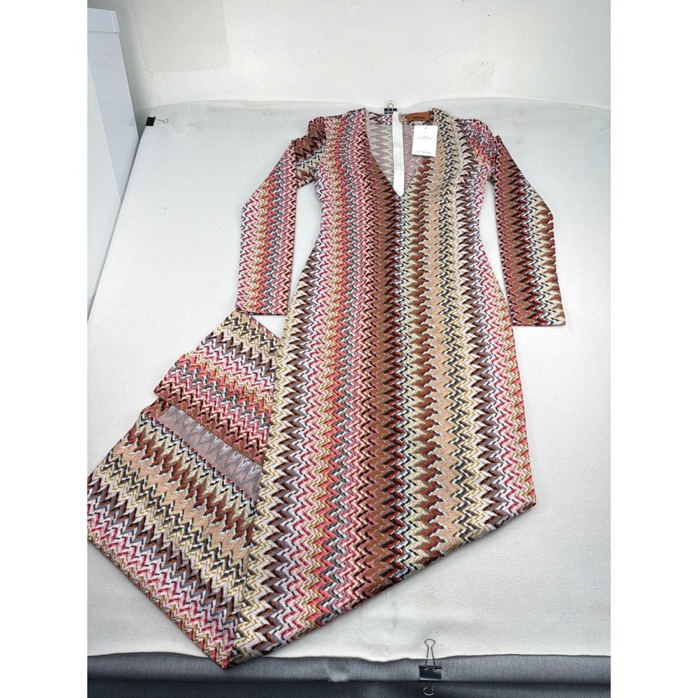 Missoni Zigzag Metallic Knit V-Neck Maxi Dress Multi Color DS25WG0L IT 40 NEW